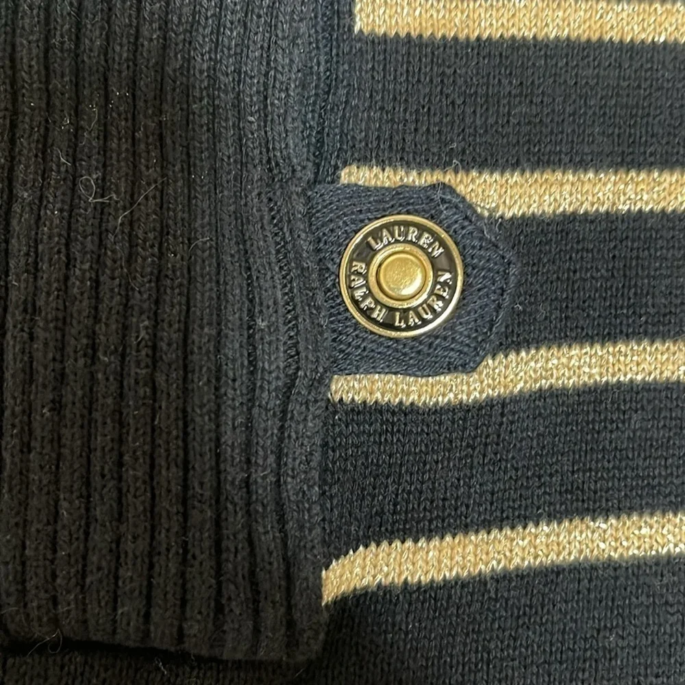 Lauren Ralph Lauren Black Gold Stripe Cotton Knit High Neck Sweater Small